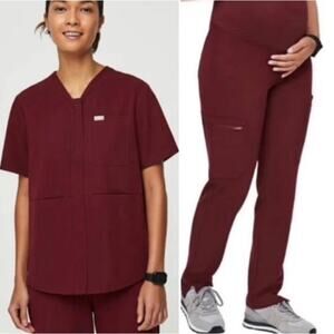 FIGS Limited Edition Masaya Scrub Top Yola Maternity Cranberry Pants SET S